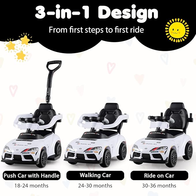 Costzon Push Car for Toddlers, 3 in 1 Toyota Licensed Stroller Sliding Walking Car w/Handle, Music, Safety Guardrail, Under-Seat Storage, Foot-to-Floor Kids Ride On Toys for Boys Girls (White)