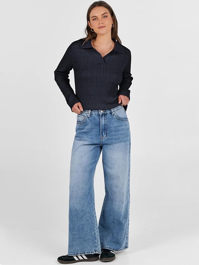 ANRABESS Womens Cable Knit Sweaters Long Sleeve V Neck | Pullover Collared Sweater Tops, Polo Knit Shirts, Business Casual Work, Tennis Golf, Fall Winter Fashion Outfits