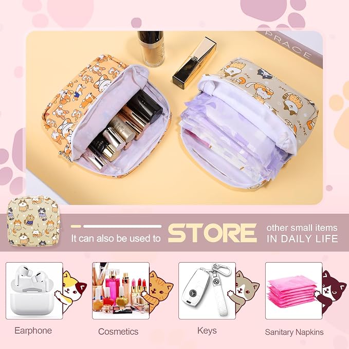 Likesing Period Bag Pouch, Canvas Sanitary Napkin Storage Bag for Girls Womens, Portable Sanitary Napkin Period Pad Pouch for Purse, Small Make Up Bags(Khaki Cat)