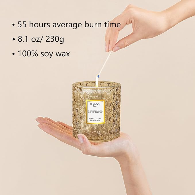 Sandalwood Candle, Dad Gifts Candle, Natural Soy Scented Candles for Stress Relief, 55 Hours Lasting Burning, Great Gift for Women & Men