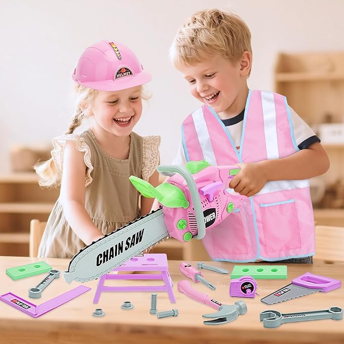 deAO Kids Tool Set Toddler Tool Kit, Pretend Play Toys Tooks with Electric Chainsaw Working Vest Hammer Accessories, Construction Tool Kit Gift for Toddler Playset Kit Girl Boy