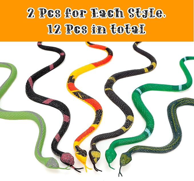 12 Pcs Realistic Rubber Snakes Colorful, Mini Plastic Snakes, Prank Snake Toys for Party, Tricking People, Kids Playing, Garden Props Decorations, 11in