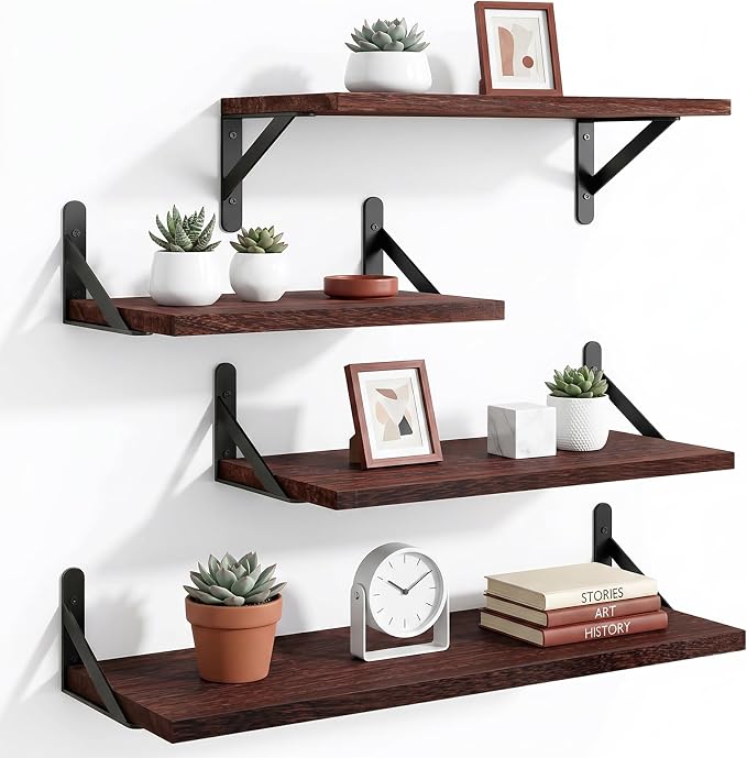 YGEOMER Floating Shelves for Wall, Different Sizes Walnut Red Brown Wall Shelves for Living Room, Bathroom, Bedroom, Kitchen, Home Decor (Set of 4)