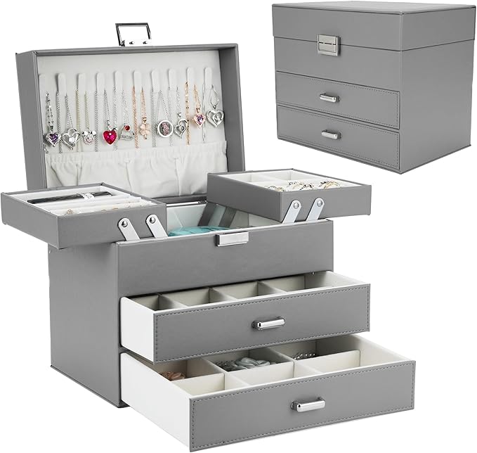 Jewelry Organizer Box, Large Jewelry Boxes for Women Girls, Space-Saving 4 Layers Jewelry Storage Case with Drawer, Movable Metal Stand, Modern, Gift Idea (Grey)