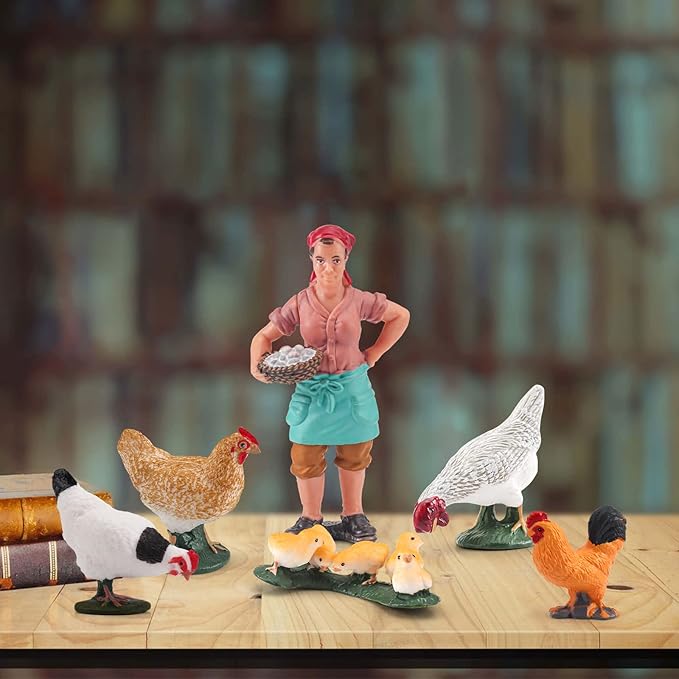 LC JoyCre Realistic Rooster Toy Figurine 6PCS Chick Farm Animal Model Set Hen Chicken Party Desktop Decoration Collection Educational Toys Set for Kid Boys Girls 5 6 7 8 Years Old