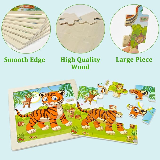 Wooden Puzzles for Toddlers, 9 Pieces Animal Jigsaw Puzzles for Kids Ages 3-5 4-6, Preschool Learning Activities, Learning & Educational Toys, Gifts for Boys, Girls (8 Pack)