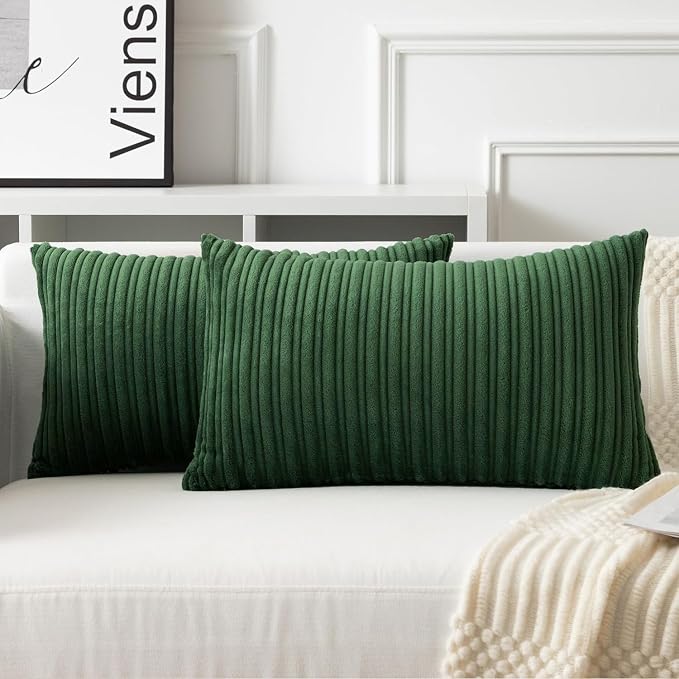 UGASA 12x20 Inch Lumbar Soft Throw Pillow Cover Boho Farmhouse Striped Corduroy Decorative Both Sides Solid Rectangular Cushion Case for Couch Bedroom Sofa Home, 1 Piece, Christmas Green