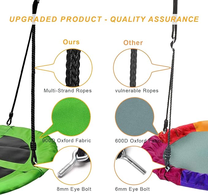 PACEARTH 40 Inch Saucer Tree Swing Flying 660lb Weight Capacity 2 Added Hanging Straps Adjustable Multi-Strand Ropes Colorful Safe and Durable Swing Seat for Children-Green