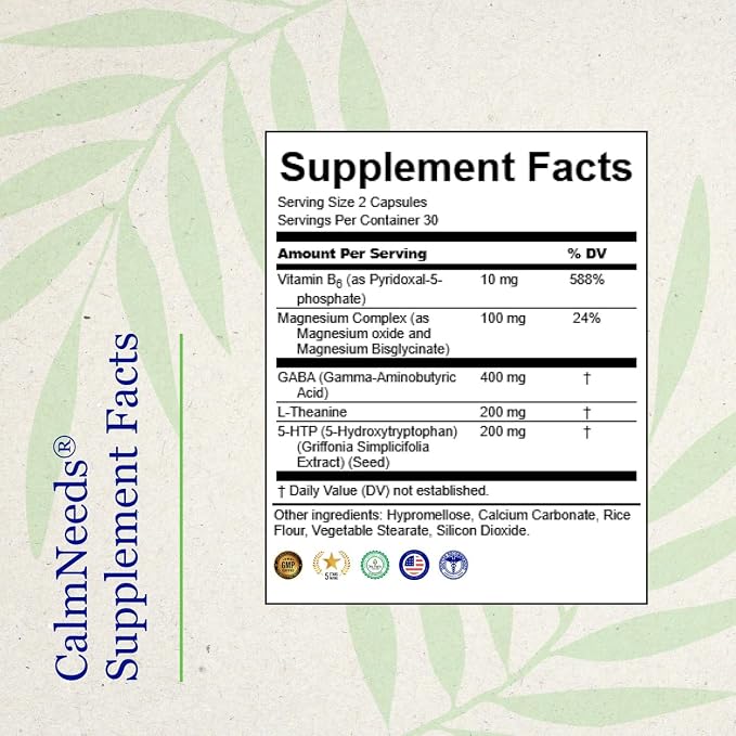 Neuro Needs CalmNeeds® Promote Calm and Positive Mood - Formula Contains Vitamins B6, Magnesium, L-theanine, 5-HTP, and GABA, 60 Veggie Capsules