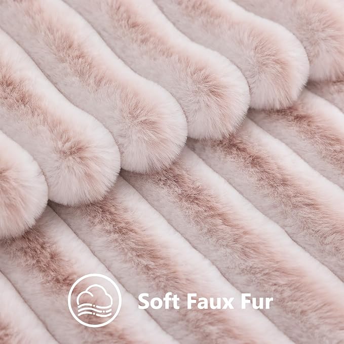 decorUhome Fall Faux Fur Throw Pillow Covers 16x16 Set of 2 Pink White | Decorative Soft Cozy Striped Plush Modern Farmhouse Boho Couch Pillow Cases Velvet Back for Sofa Bed Living Room Home Decor