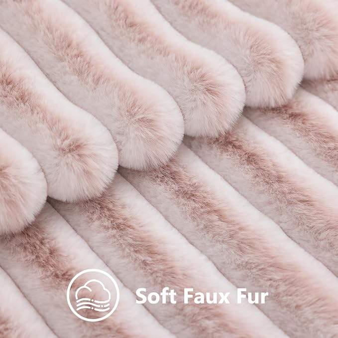 decorUhome Fall Faux Fur Throw Pillow Covers 24x24 Set of 2 Pink White | Decorative Soft Cozy Striped Plush Modern Farmhouse Boho Couch Pillow Cases Velvet Back for Sofa Bed Living Room Home Decor