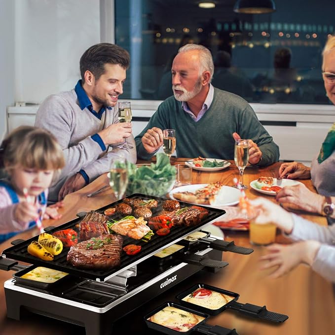 CUSIMAX Raclette Grill Electric Grill Table Portable 2in1 Korean BBQ Grill | Reversible Non-stick Plate, Crepe Maker with Adjustable Temperature Control, 8 Paddles & Shovels/Adjustable Temperature
