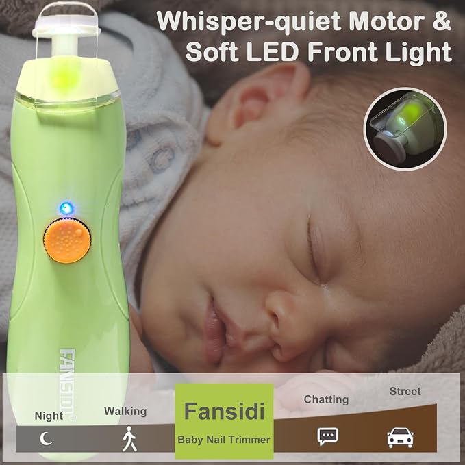 Fansidi Rechargeable Baby Nail Trimmer Electric, Easy & Safe Nail File for Newborn to Toddler, USB Charging, 8100 RPM Stepless Speed, LED Light, Whisper-Quiet for Sleeping Baby,Green, Bonus Adult Head