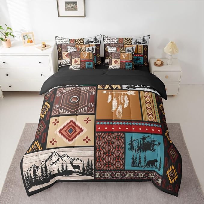 Feelyou Rustic Bear Comforter Set with Sheets 7 Piece Twin Size Farmhouse Cabin Hunting Deer Bedding Set for Kids Boys Girls Retro Bohemian Bed in a Bag Buffalo Plaid Room Decor Soft Microfiber