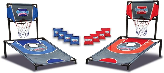 Sports Basketball Net Cornhole Board Set, Basketball & Cornhole in One, Includes 8 Red/Blue Bean Bags, Convenient Carrying Case, Tailgating Fun