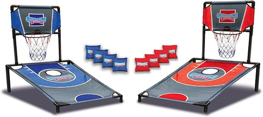 Sports Basketball Net Cornhole Board Set, Basketball & Cornhole in One, Includes 8 Red/Blue Bean Bags, Convenient Carrying Case, Tailgating Fun
