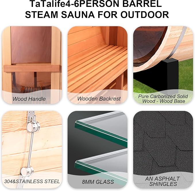 Outdoor Panoramic Barrel Sauna, 6-8 People Canadian Hemlock Steam Sauna, Garden Traditional Wooden Saunas with Canopy, 6KW TOULE Heating Furnace, Rocks, Water Bucket, Spoon, Light