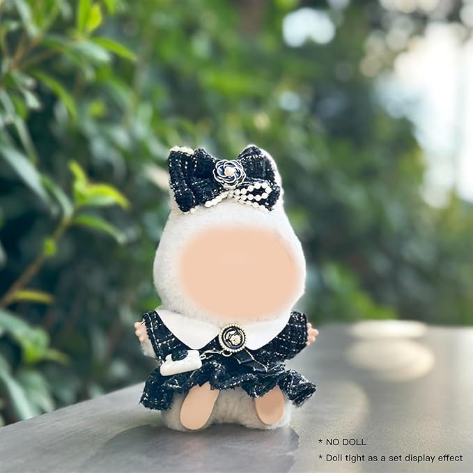 17cm Doll Clothes Set and Accessories Suit,(NO Doll) 3-Piece Set, Clothes for Labubu, Little Fragrant Style, Dolls Keychain Accessories, Includes Dress, Matching Hair Bow, Bags(Black)
