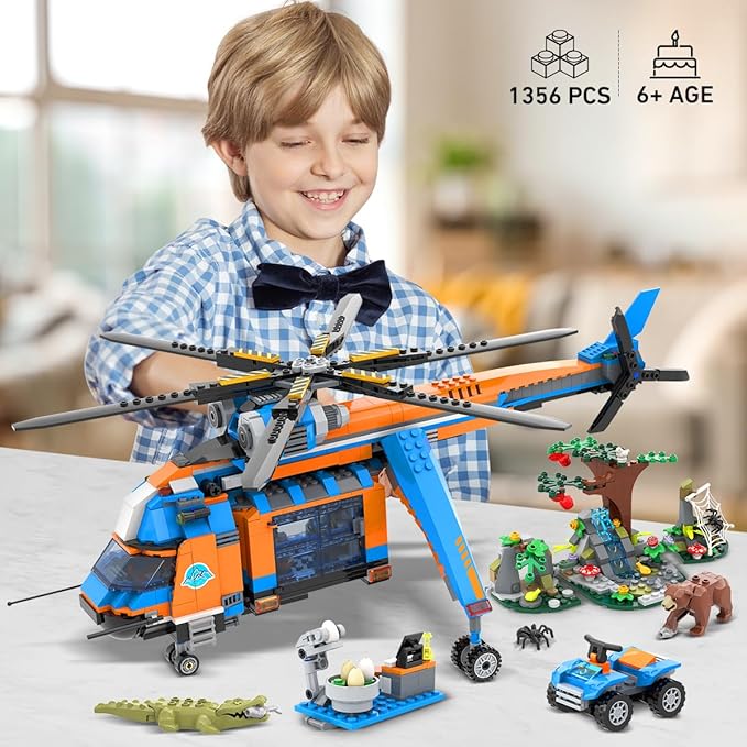 CUBIMANA City Jungle Adventurer Helicopter Building Toys - 1356PCS Forest Truck Adventure Building Set with Car Crocodile Brown Bear Wildlife Rescue Blocks Playset Easter Gift for Kids Boys 6+