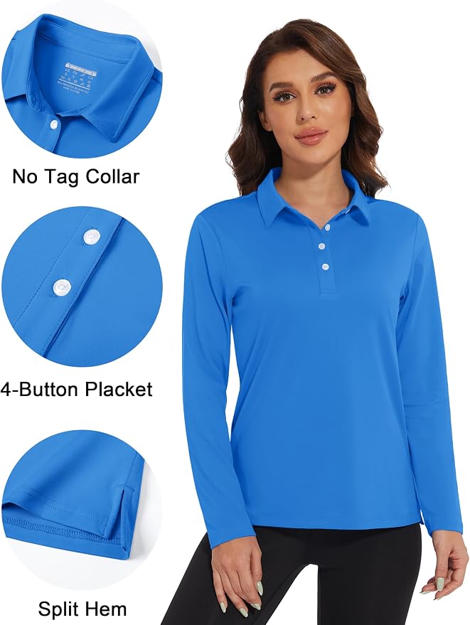 MAGCOMSEN Long Sleeve Polo Shirts for Women Golf Tops with Collar Work | UPF 50+ Sun Protection, 4 Buttons, Moisture Wicking, Breathable, 4-Way Stretch, Collared, Quick Dry, Active, Casual, Tennis