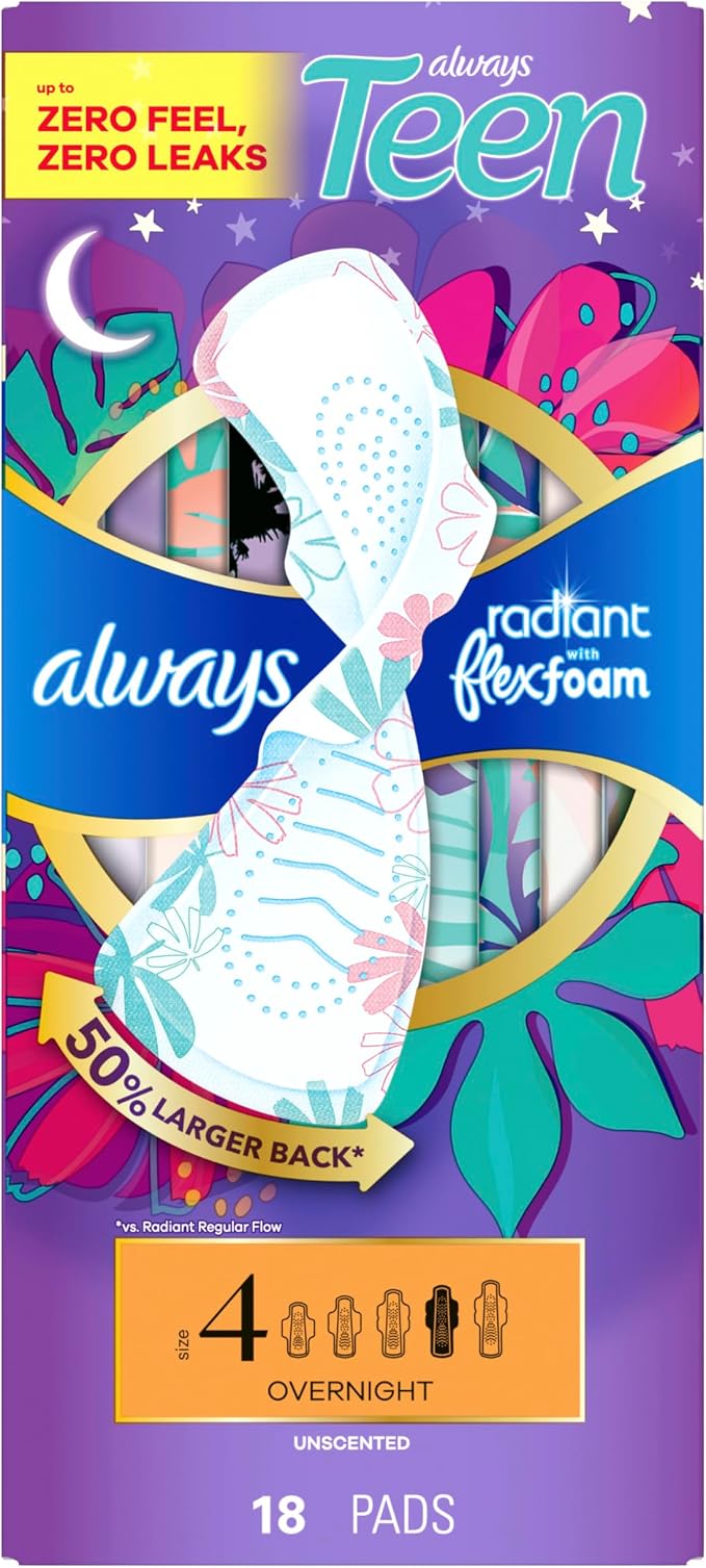 Always Radiant Teen with FlexFoam Pads, Size 4, Overnight Absorbency, with Wings, Unscented, Up to Zero leaks, Zero Feel Protection, 18 Count