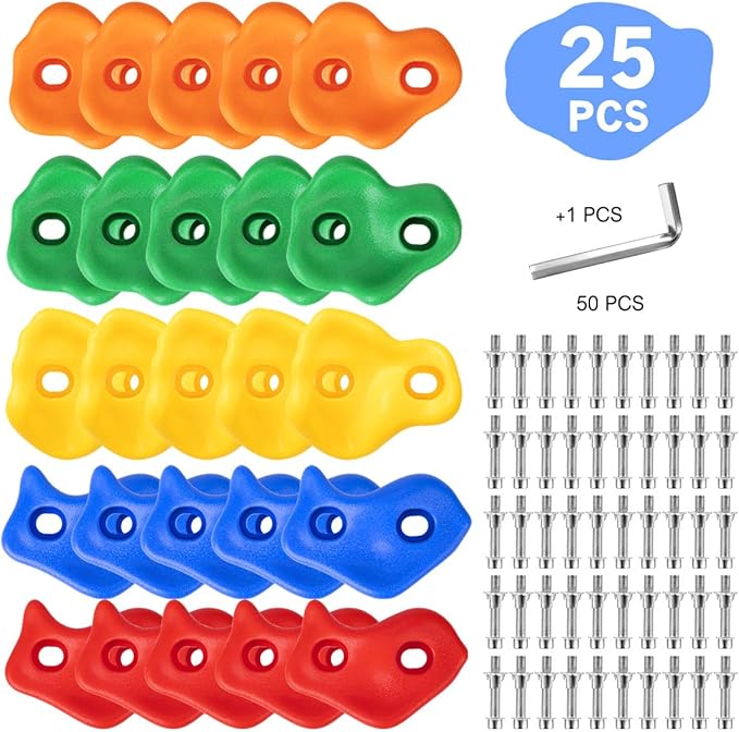 SEKKVY 25 Climbing Holds for Kids, Multi-Color Rock Wall Kit for Indoor Outdoor Play Set, With Mounting Hardware