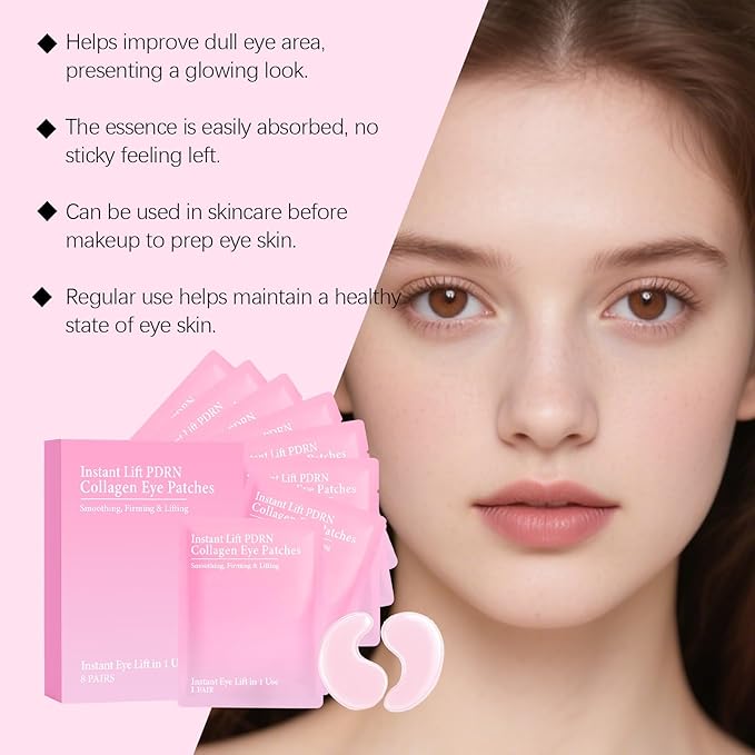 Eye Patches with PDRN & Collagen, Hydrogel Eye Mask with Instant Lift Effect, Dark Circles & Puffy Eyes, Anti-Aging Under Eye Treatment for Wrinkles, Eye Bags & Fine Lines (8 Pairs)