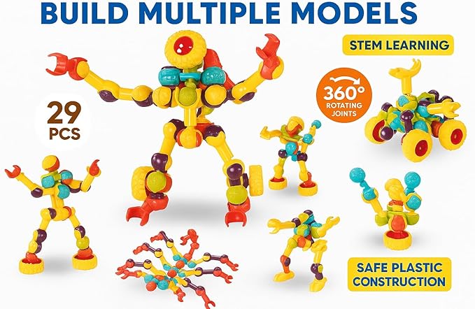 Colorful Building Block Set, 29 Pieces, Multicolor Plastic Robot/Chariot (10.2 x 2.8 x 8.3 in)
