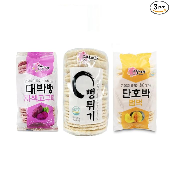 GEUNYEONG BAKESHOP Korean Traditional Freshly Popped Rice Cakes, Original(120g), Sweet Pumpkin(100g), and Purple Sweet Potato(100g) (3 Pack, Combo)