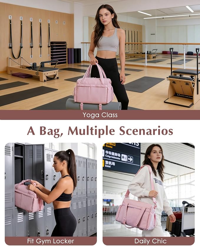 Small Gym Bag, Mini Gym Bag for Women with Yoga Mat Holder and Wet Compartment, Cute Mini Puffer Duffle Bag with Water Bottle Pocket for Workout Yoga Dance, Puffer Pink