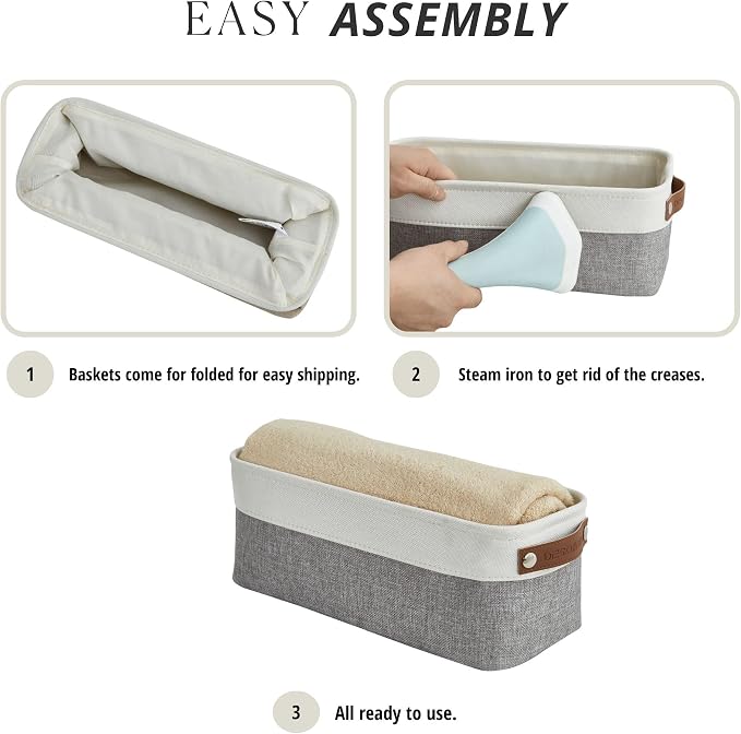 DECOMOMO Narrow Storage Bins, Small Storage Baskets for Shelves 4 Pack | Baskets for Organizing Bathroom, Toilet Tank, Gifts (Grey and White)