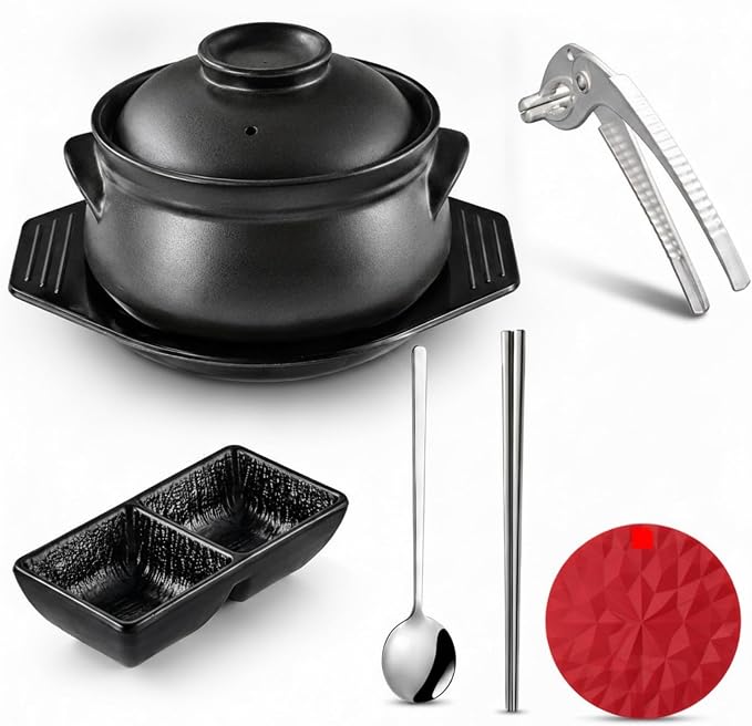 7 Pcs Korean Stone Pot Set with Lid & Tray, Black Ceramic Dolsot for Bibimbap Ramen Soup, Includes 304 Stainless Steel Spoon, Chopsticks, Heat Resistant Tongs, Silicone Trivet & Condiment Dish