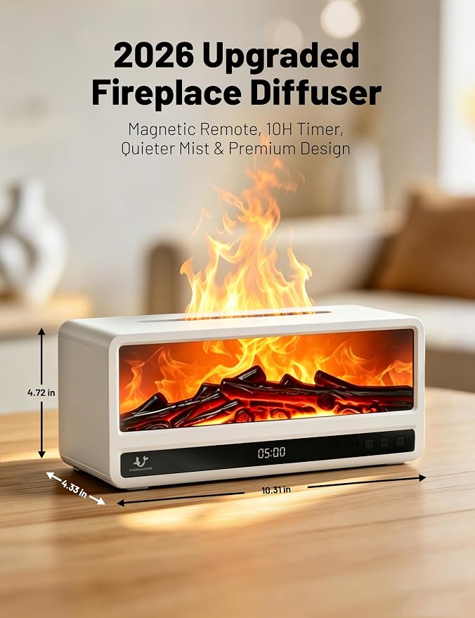 Fireplace Aroma Diffuser for Bedroom Nightstand, Essential Oil Diffuser with Realistic Flame Effect, Remote Control, Timer Auto-Off, 7 Color LED Ultrasonic Aromatherapy Diffuser for Home Office Decor