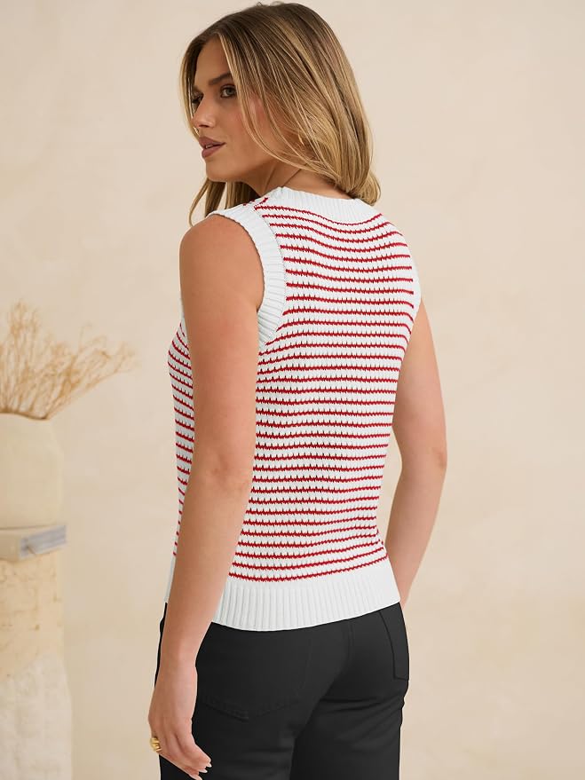 ANRABESS Womens Sleeveless Sweater Vest Striped Tank Tops | Crochet Knit Crew Neck, Lightweight Soft Comfy, Vacation Travel Work Casual Outfits, Sping Summer Layering Clothes