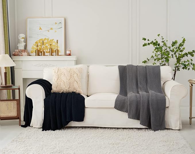 Chunky Cable Knit Throw Blanket Lightweight Grey 100% Organic Cotton Blanket for Sofa Couch Bed Baby Nursery, Rustic Shabby Chic Modern Farmhouse, Gray 51” x 63” Give Laundering Bag