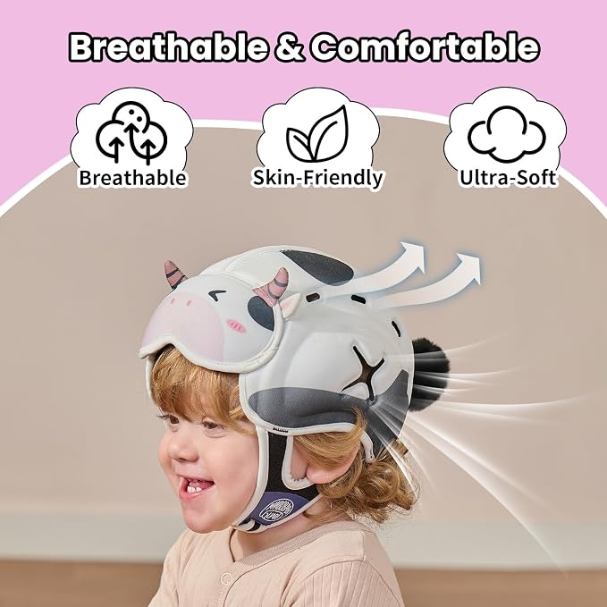Baby Head Protector Baby Helmet for Crawling and Walking - No Bumps and Soft Safety Peak - Ultra Light and Adjustable Baby Head Protector Suitable for Babies 6-24 Months-Milky Cow