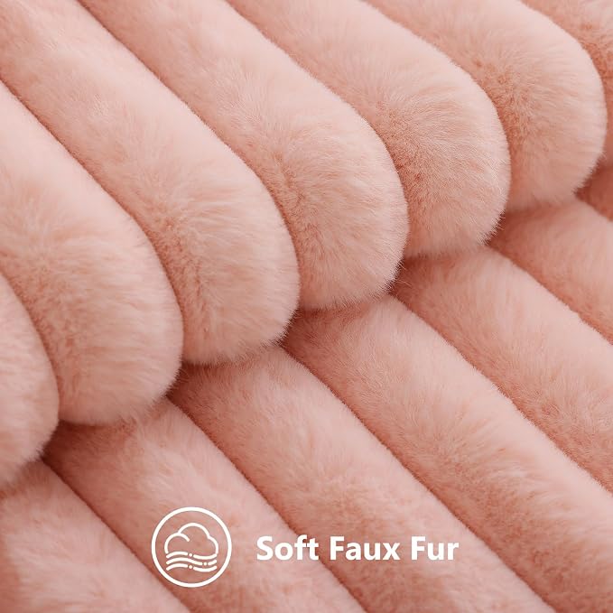 decorUhome Fall Faux Fur Throw Pillow Covers 24x24 Set of 2 Blush Pink | Decorative Soft Cozy Striped Plush Modern Farmhouse Boho Couch Pillow Cases Velvet Back for Sofa Bed Living Room Home Decor