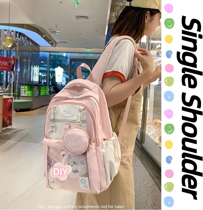 Kawaii Backpack Double Shoulder Bag with Cute Star Removable Pouch Clear Pocket Large Capacity Dopamine Colors Daypack (Clear Pink)