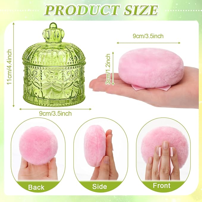 Body Powder Puff and Container, Crystal Container with Soft Dust Powder Puff Washable Reusable Face Body Glitter Wet Dry Makeup for Women Gift(Green, Crown)