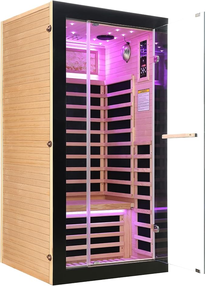 Infrared Sauna 1 Person Far Infrared Sauna Home Indoor Dry Sauna Low EMF Hemlock Wood Sauna Room with 7 Color Starry Sky Light Ceiling Speaker Fast Heating Easy Assembly 35.4x35.4x70.8
