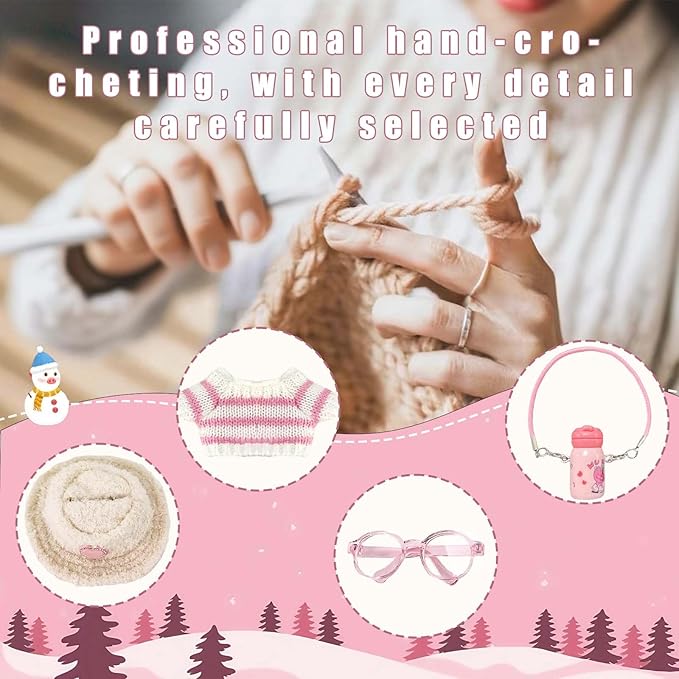 Clothes for 17cm Doll (NO Dolls) - The Set Includes 5 Accessories, Including a Heart-Shaped Velvet hat, Glasses, a Handmade Sweater, a Kettle Pendant and a Bell.Suitable for a 6.7inch Doll