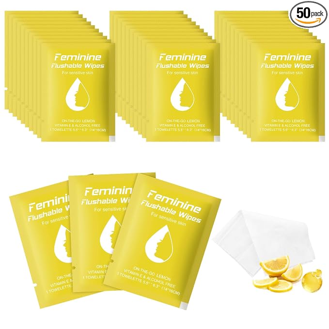 twoworld 50 Feminine Wipes Flushable Travel Individually Wrapped | Travel Wipes for Women,Feminine Care Wet Wipes Travel Size Vaginal Wipes for Adult,Girl and Homeless(Lemon)