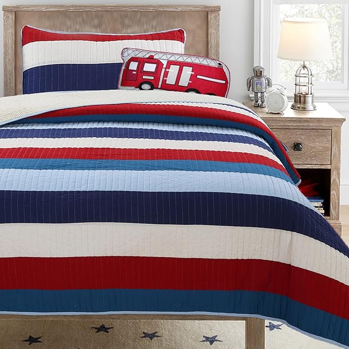 Cozy Line Home Fashions Aaron Bedding Quilt Set, Nautical Navy Blue Red Off-White Striped 100% Cotton Reversible Coverlet Bedspread Bedding Set (National Stripe, Queen - 3 Piece)