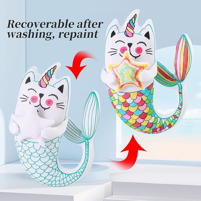 Coloring Plush Toy with 5 Washable Markers for Little Girls Doodle Dolls for Kids Ages 4-6 Birthday Christmas Presents (Fish Cat)