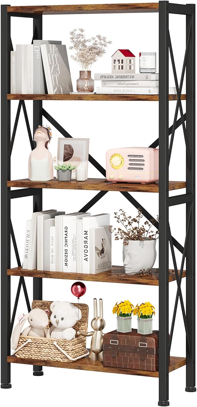Homeiju 5-Tier Bookshelf,Wood Bookcase,Book Shelf with Steel Frame, Storage Rack with Open Shelves, Rustic Standing Bookshelves Ladder Shelf 110lbs/shelf for Bedroom,Living Room and Home Office
