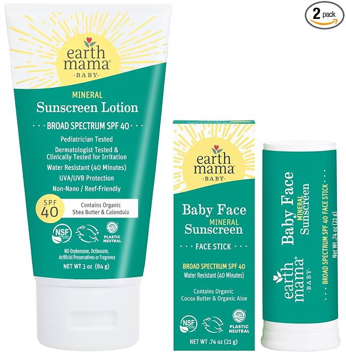 Earth Mama Baby Mineral Sunscreen Lotion & Face Sunscreen Stick Set SPF 40 - Non-Nano Zinc - Broad Spectrum for Babies, Kids & Family - Water Resistant Sun Protection