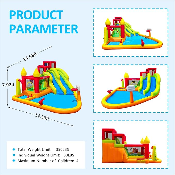 Inflatable Bounce House with Slides, Inflatable Water Slide for Kids Backyard, Bounce Water Prak with Air Blower, Splash Pool, Water Cannon, Climbing Wall, Outdoor Backyard Water Park
