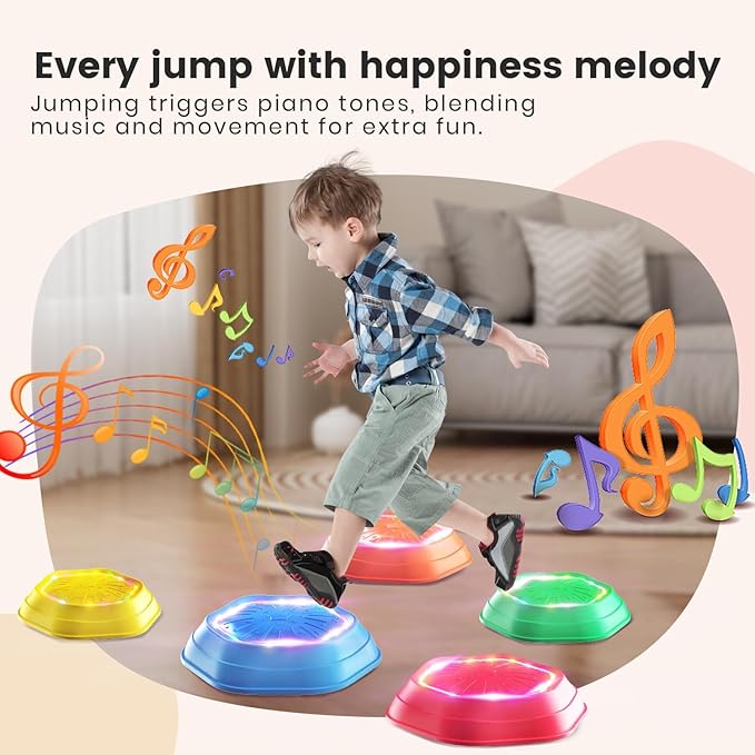 Holyton Upgraded Music Light-Up Stepping Stones for Kids, 5-Pack Sensory Balance Toys with Batteries, Non-Slip Design, for Ages 3–8, Ideal for Sensory Training, Indoor & Outdoor Play, Great Gift Idea