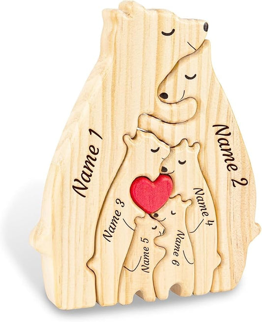 Personalized Wooden Name Puzzle Hugging Bears Family Puzzle with Names Fathers Day Home Decor Custom Mom/Dad/Family Members, Bear DecorBirthday Present (Mother and Child Bear)