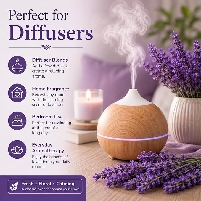 GreenHealth Lavender Essential Oil – 16 fl oz (473 ml) – 100% Pure & Uncut – Aluminum Bottle – Bulk Lavender Oil for Diffuser, Aromatherapy, Candles, Soap & DIY